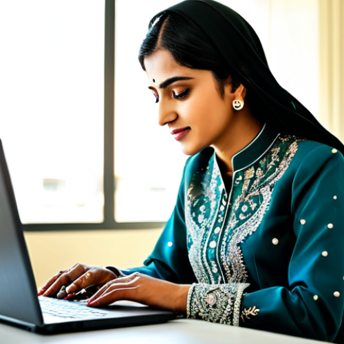 Home 4 **
A successful Pakistani businesswoman, fully clothed in a stylish Shalwar Kameez with intricate embroidery, working on a laptop in a modern, bright office in Karachi. Sunlight streams through the window. Professional atmosphere, perfect anatomy, natural pose, appropriate attire, safe for work, professional photography, high quality. Family-friendly, modest.
**